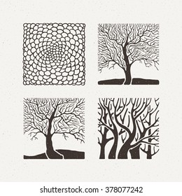 Square trees set. Vector illustration. Pattern geometric figure. Ornate hand draw.