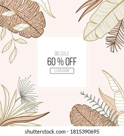 Square trendy abstract art templates with floral and exotic leaves. Suitable for banners design, posts, mobile apps, social media, and web sale ads. Fashion backgrounds.