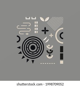 Fondo neutro geométrico estético cuadrado de moda. Afiche abstracto minimalista para medios sociales, diseño de portadas, web, decoración doméstica. Ilustración vintage con diferentes formas, círculos, semicírculos.