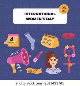 Square trendy banner for International Women s Day with cartoon feminist and girl power clipart. Minimalistic holiday poster, template for website, social media with lady, female gender symbol, lips.
