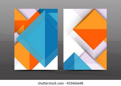 Diseño cuadrado y triangular. Plantilla de impresión comercial geométrica A4 colorida. Portada de folletos o informes anuales, disposición del volante de actividades vectoriales, afiche abstracto geométrico, ilustración de identidad