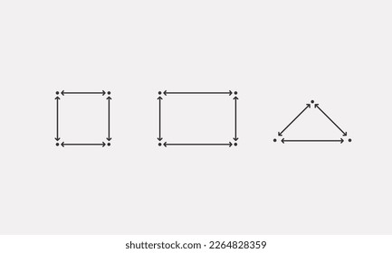 Square, triangle, rectangle measure areas. Dimension of place with length and width arrow. Vector illustration