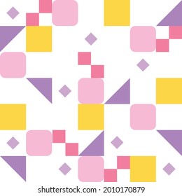 Square and triangular pieces in purple-yellow combination form a pattern. Simple pattern design template.