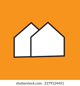  a square or triangular shape with a pitched roof, representing a home or building, often in a simple and recognizable design.