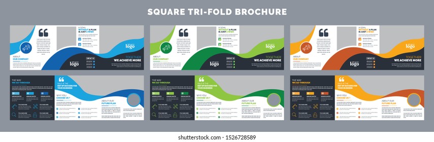 Square trifold poster flyer pamphlet brochure cover design layout space for photo background, vector illustration template in A4 size. Black, white, green, blue and orange color.