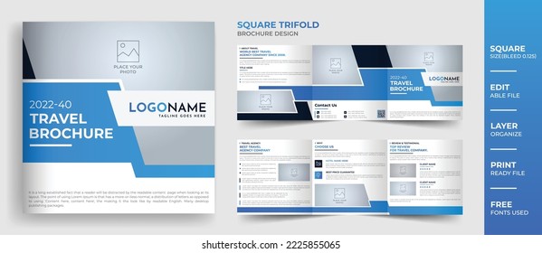 Square trifold travel agency brochure design, square trifold company profile brochure layout