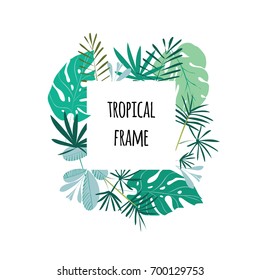 Square tropical frame, template with place for text. Vector illustration, isolated on white background.