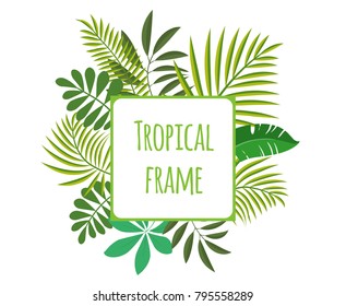 Square tropical frame, template with place for text. Vector illustration, isolated on white background.