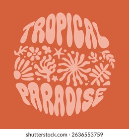Square tropical poster. Hand drawn corals, seaweed, shells with text Tropical Paradise. Vector summer print