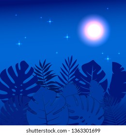 Square tropical web banner template with palm leaves made in 3D paper cut and craft style. Summer night floral jungle background with monstera leaves. Stars and Moon light glowing at night.