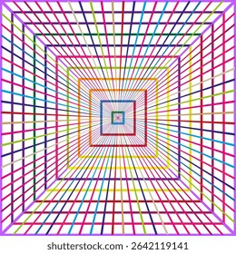 Square tunnel spiral. Bright colorful lines. Abstract vector pattern. Optical illusion shape.