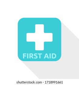 Símbolo cuadrado azul turquesa de primeros auxilios sobre blanco con una gran sombra. Concepto de emergencia, médico, salud y enfermedad. Diseño plano. Ilustración vectorial EPS 8, sin transparencia, sin degradados