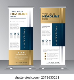 square type roll pu baner design, gold and blue color roll up banner, vertival banner with line art, pull up, standee, x banner, 