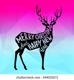 Square typography New Year design with a deer on gradient background, vector illustration