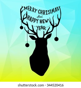 Square typography New Year design with deer and hand lettering on gradient polygonal background, vector illustration