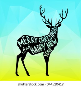 Square typography New Year design with deer on thr gradient polygonal background, vector illustration