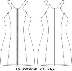 square u neck shoulder strap strappy zippered sleeveless short mini dress template technical drawing flat sketch cad mockup fashion woman design style model denim jean