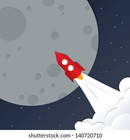 Square universe background. Dark blue Space with stars, planets and red rocket. Trip to the Space. Big gray planet - Moon. Modern design vector illustration. Creative square background.