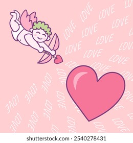 Cartão de dia dos namorados quadrado com cupido engraçado voando e caçando um coração. Desenhado à mão esboço doodle no fundo rosa com texto Amor. Cartão comemorativo do Dia dos Namorados, ilustração vetorial para design romântico.