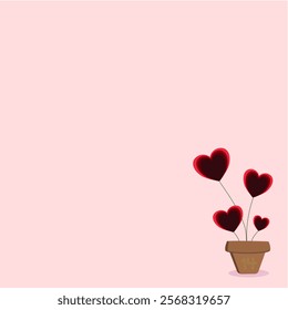 Square valentine pink background with small brown pot with paper cut heart flower plant with empty space to put messages 