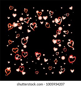 Square Valentines day background with random hand drawn falling red hearts isolated on black.