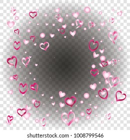 Square Valentines day background with random hand drawn falling pink hearts on transparent background.