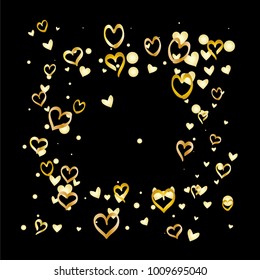 Square Valentines day background with random hand drawn falling golden hearts isolated on black.