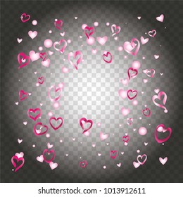Square Valentines day background with random hand drawn falling pink hearts on transparent background.