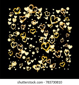 Square Valentines day background with random hand drawn falling golden hearts isolated on black.