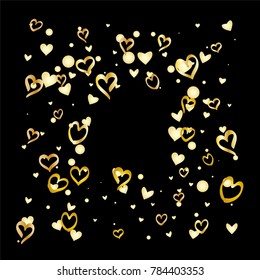 Square Valentines day background with random hand drawn falling golden hearts isolated on black.