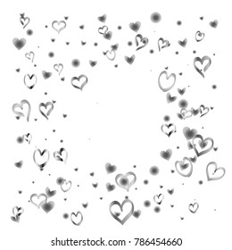 Square Valentines day background with random hand drawn falling silver hearts isolated on white.