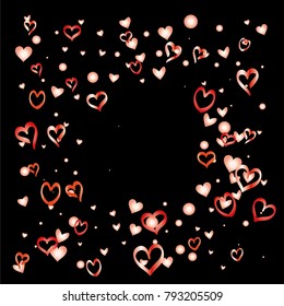 Square Valentines day background with random hand drawn falling red hearts isolated on black.