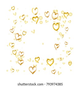 Square Valentines day background with random hand drawn falling golden hearts isolated on white.