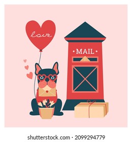 Square Valentine's Day card with cute  illustration of dog sitting next to a mailbox with envelope and bouquet of flowers, gift, heart shaped balloon. Vector print in flat romantic style for poster.