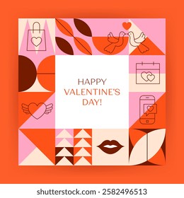 Square Valentines Day Concept. Vector Illustration of Flat Style. Love Romance Holiday. Seasonal Greetings Template. Heart Date Couple.