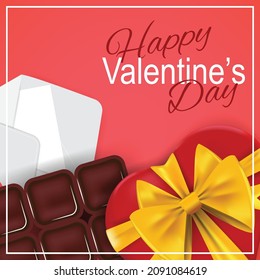 Square Valentines's Day template with heart shaped gift box, chocolate and letter on pink background. For banners, cards, invitations, advertisements. 