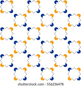 Square variation of the Kanizsa Optical Illusion - Tile pattern in diagonal layout, seamless editable repeating vector (Blue and orange)