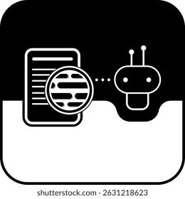 Square vector of an AI bot with a magnifying glass icon. Ideal for digital learning, app interfaces, data research, or educational contexts. Clean layout with symbolic focus.