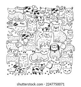 Square vector art print with doodle cats and dogs. Cute funny pets isolated on white. Bicolor graphic modern print. Lovely design for T-shirt. Hand drawn illustration. Animals set. 