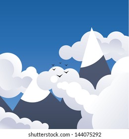 Square vector background. High mountains with clouds and birds. Much space for your content. Concept is freedom, tourism and traveling.