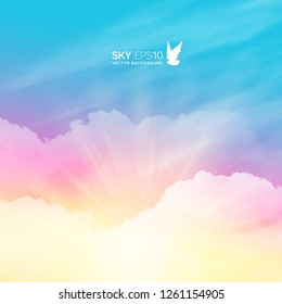 Square vector background with realistic pink-blue sky and cumulus clouds. The image can be used to design a banner, flyer and postcard.
