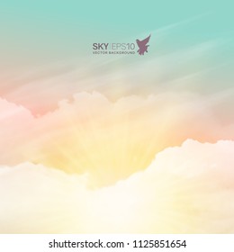 Square vector background with realistic turquoise-yellow sky and cumulus clouds. The image can be used to design a banner, flyer and postcard.