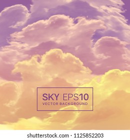 Square vector background with realistic violet-orange sky and cumulus clouds. The image can be used to design a banner, flyer and postcard.