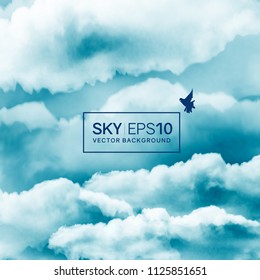 Square vector background with watercolor blue-white sky and cumulus clouds. The image can be used to design a banner, flyer and postcard.