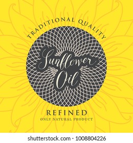 Square vector banner or label for refined sunflower oil with sunflower and handwritten inscription on a yellow background