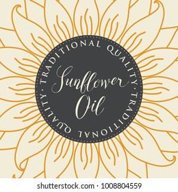 Square vector banner or label for sunflower oil with sunflower and handwritten inscription on a light background
