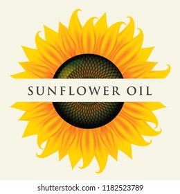 Square vector banner or label for sunflower oil in the form of sunflower close-up with inscription on light background