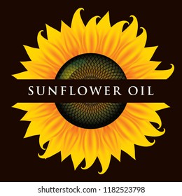 Square vector banner or label for sunflower oil in the form of sunflower close-up with inscription on black background