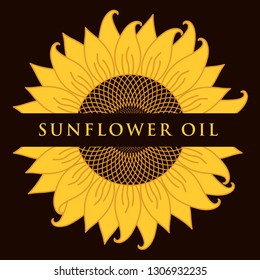 Square vector banner or label for sunflower oil in the form of sunflower close-up with inscription on black background