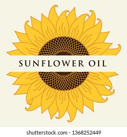 Square vector banner or label for sunflower oil in the form of sunflower close-up with inscription on light background